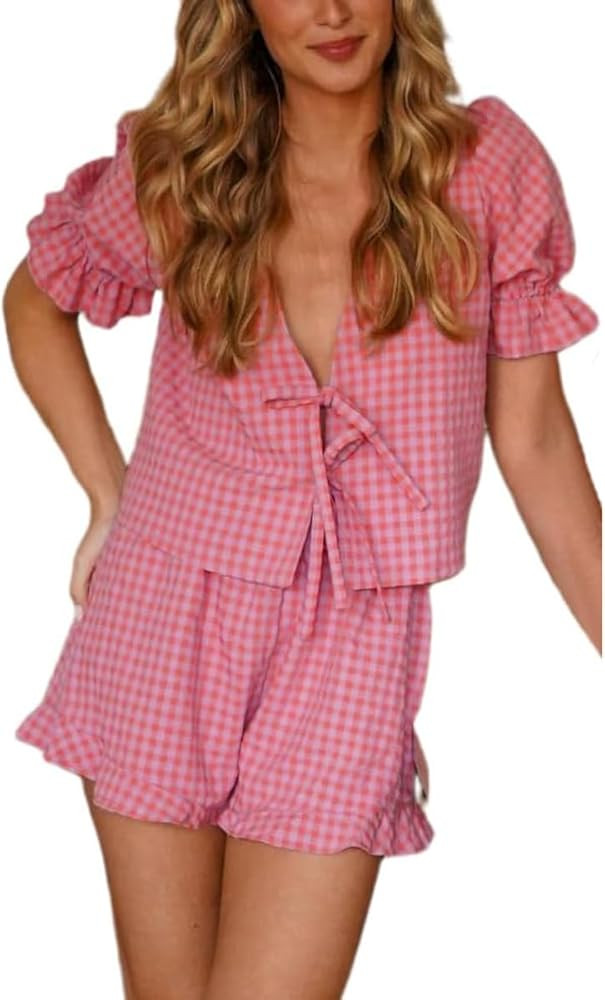 KOSUSANILL Y2k Pajamas Set Women 2 Piece Tie Front Plaid Gingham Short Sleeve Blouse Top Preppy S... | Amazon (US)