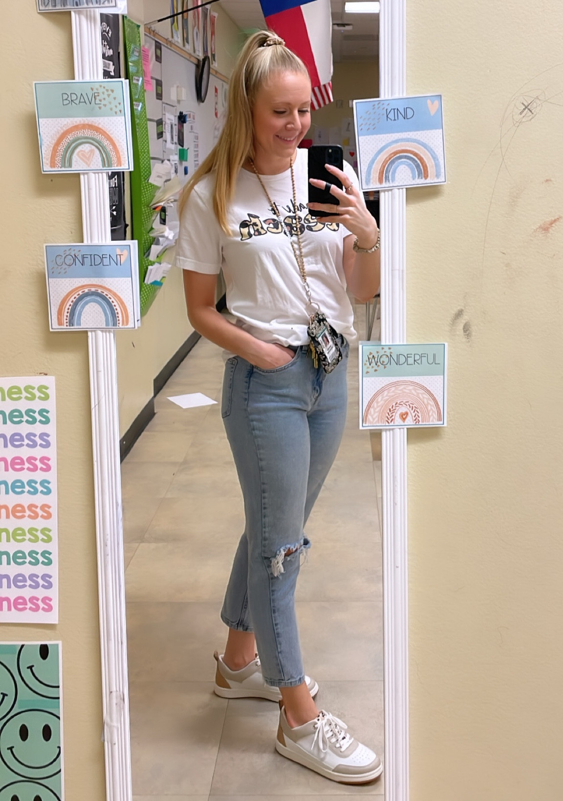 Trendy Teacher Outfit 💛 #target #sneakers #cute #madetoteach #jeans 

#LTKshoecrush #LTKfit #LTKunder50