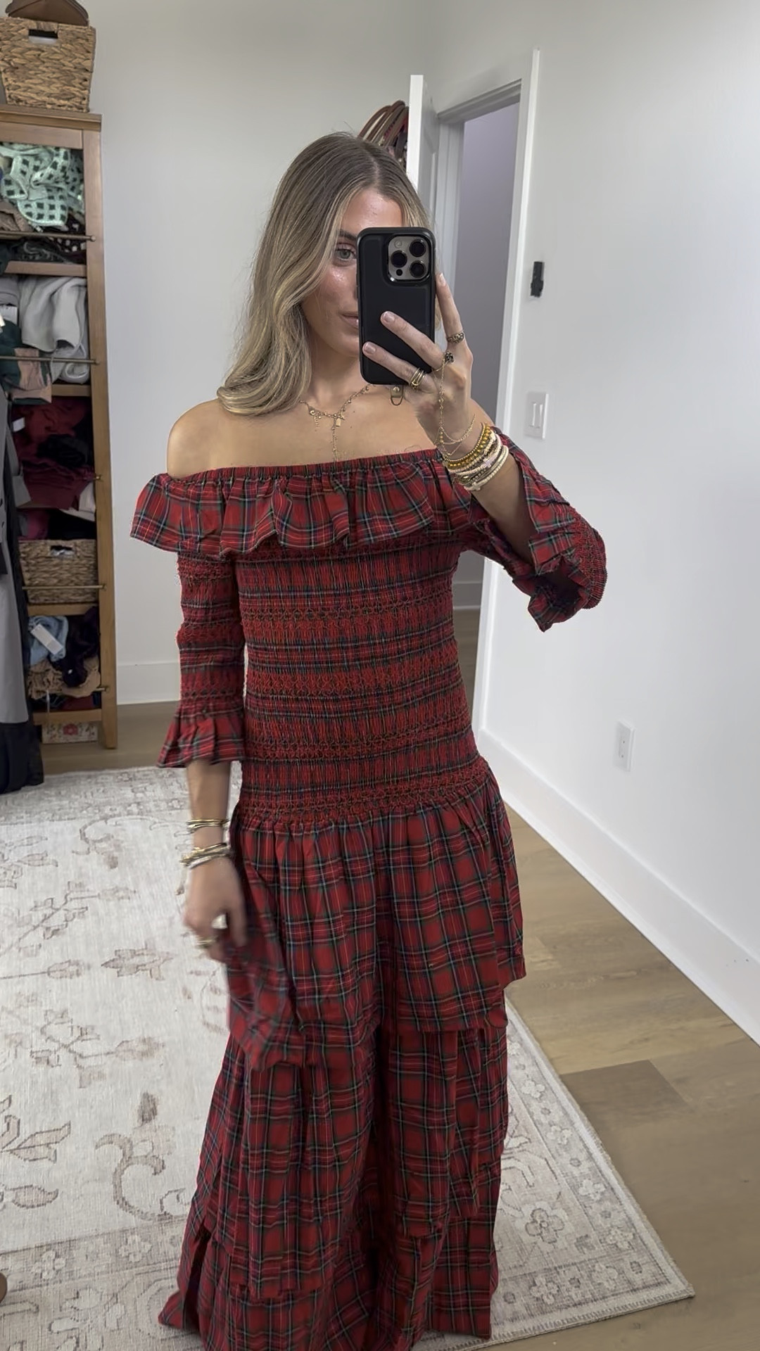 Confete size XS. Wrap yourself in cozy elegance with this statement making dress for the gals looking for the cool girl holiday party dress.  The Nicoletta Maxi Dress from Sugarlips is a classic red plaid dress that features an off-the-shoulder neckline, smocked bodice, and long sleeves for added warmth. The tiered skirt flows beautifully, making it perfect for fall gatherings or holiday parties. Pair with heeled boots and a structured bag, or elevate with strappy heels and bold earrings.

#LTKHoliday #LTKootd #LTKWedding