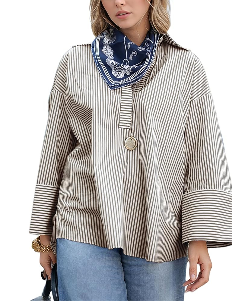 Watashi Women Button Down Shirt Casual Striped Print Dress Shirts Long Sleeve Collared Office Wor... | Amazon (US)