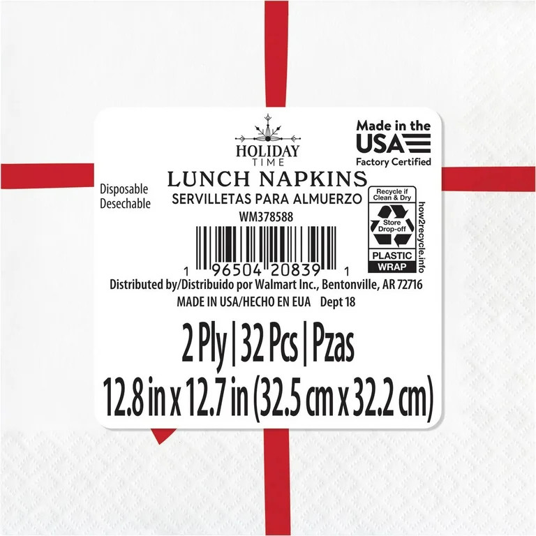 Festive Bows Paper Christmas Napkins, Red and White, 6.5" x 6.5", 32 Count, by Holiday Time | Walmart (US)