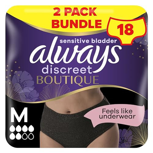 Always Discreet Boutique Incontinence Pants Women, Medium Size, Black, 18 High Absorbency Plus Pants (9 x 2 Packs), Odour Neutraliser, Softness and Protection, For Sensitive Bladder | Amazon (UK)