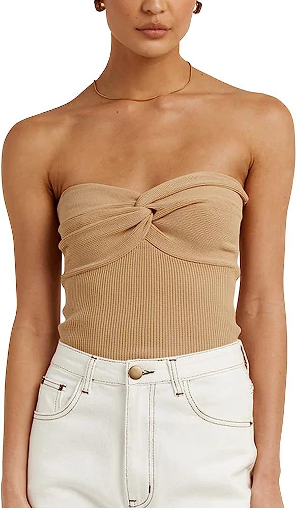 Meladyan Women Twist Knot Front Solid Knit Bandeau Tube Top Y2K Sexy Strapless Sleeveless Slim Fi... | Amazon (US)