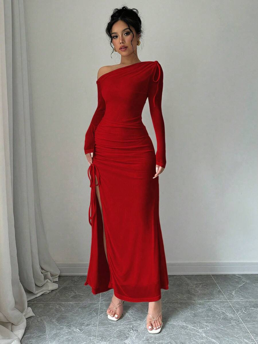 Elenzga Women's Solid Color Asymmetrical Neck Long Sleeve Tie-Up Minimalist Casual Red Long Dress... | SHEIN