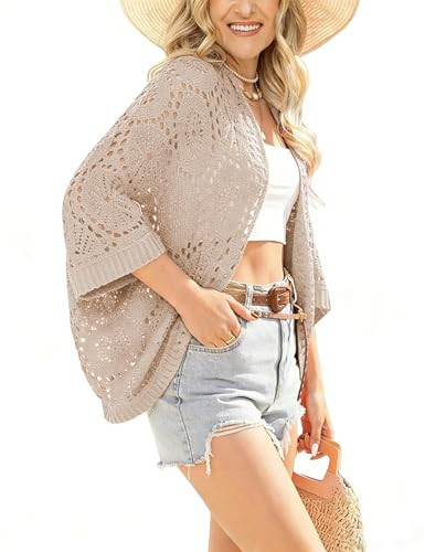 Bankeng Womens Lightweight Crochet Cardigans Summer Oversized 3/4 Sleeve Open Front Knit Kimono C... | Amazon (US)