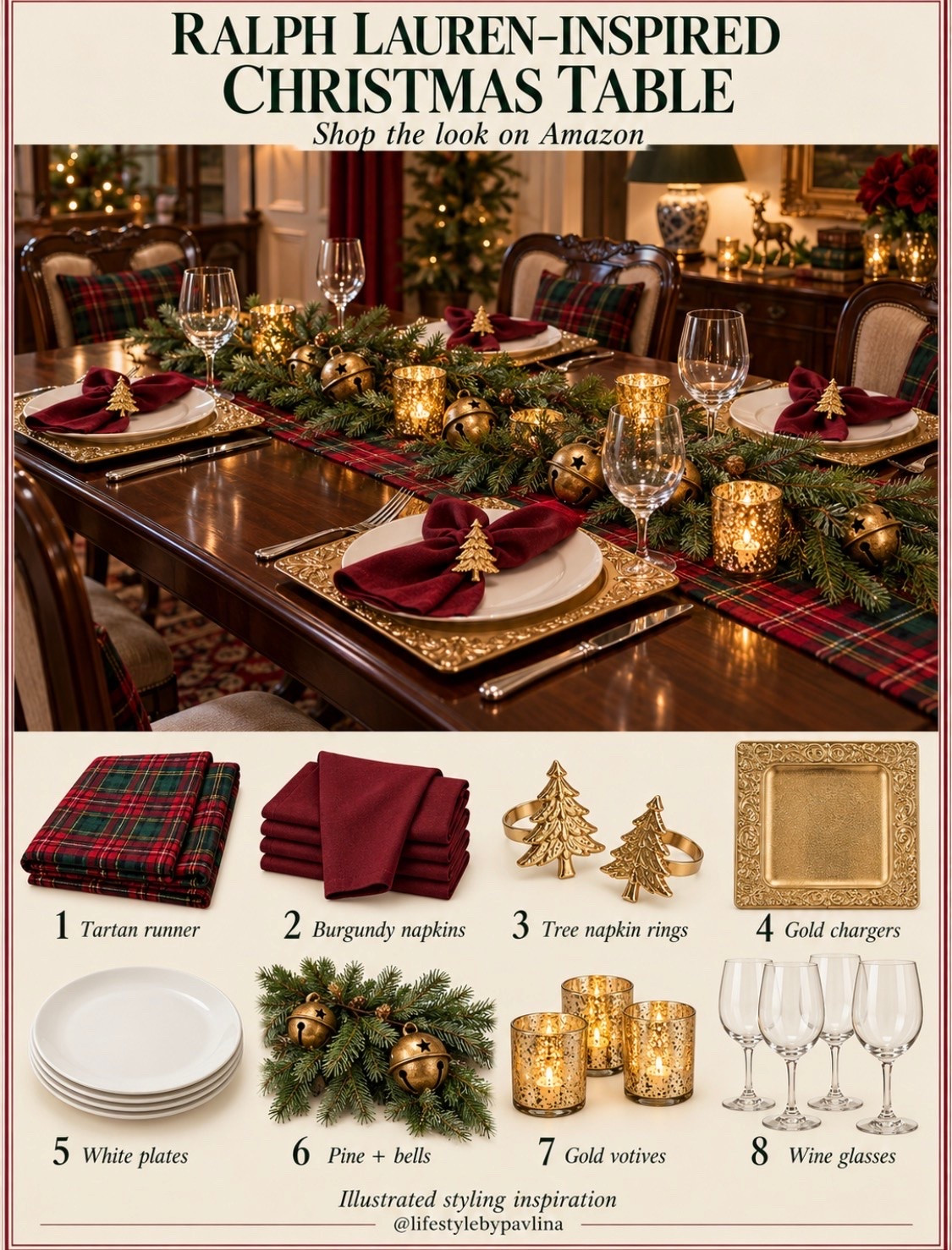 Ralph Lauren inspired holiday tablescape

Holiday decor, holiday table, Christmas decorations, Amazon home finds