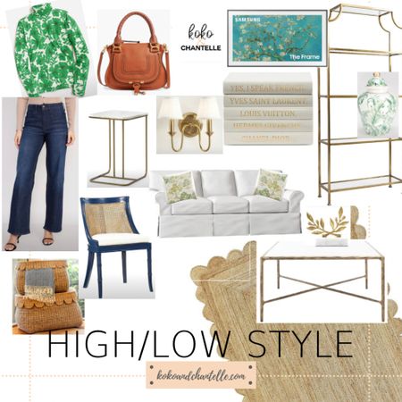 High Low Style
Scallop rug
Scallop storage baskets
Chloe bag
Wide leg jeans
Etagere 
Cane chair
Slipcover couch
Sconce
