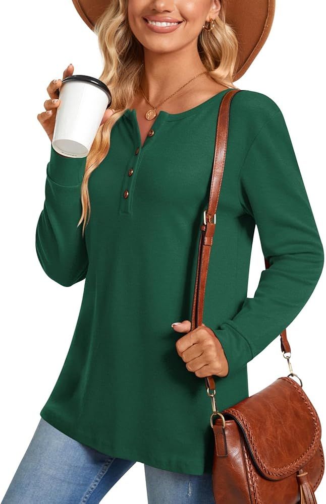 Aodemo 2024 Women's Fall Long Sleeve Henley Tops Button Up Tunic Casual Loose Winter Blouse For L... | Amazon (US)