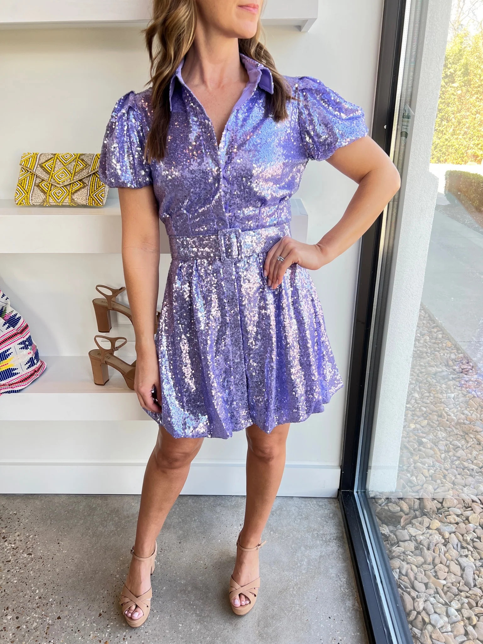 Lavender Belted Puff Sleeve Dress | Amor lafayette