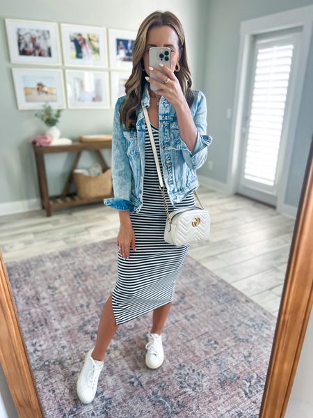 Target ribbed midi dress (XS). Spring dress. Spring outfit. Casual outfit. Mom outfit. Old Navy denim jacket (older, linking updated version). Veja Esplar sneakers (size down if you’re a half size). Gucci Marmont small shoulder bag. 

*Dress is bump friendly for a smaller bump - size up if you have a larger bump!

#LTKstyletip #LTKshoecrush #LTKunder50