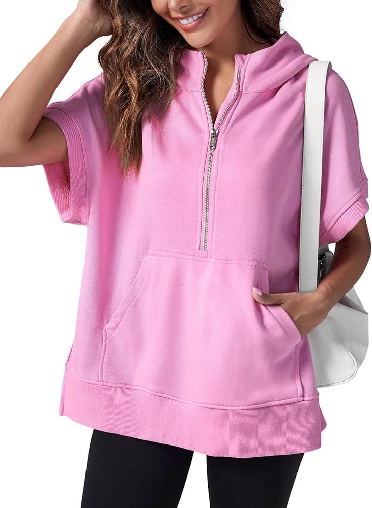 Fisoew Womens Oversized Half Zip Hoodies Short Sleeve Casual Sweatshirts Pullover Tops with Pocke... | Amazon (US)