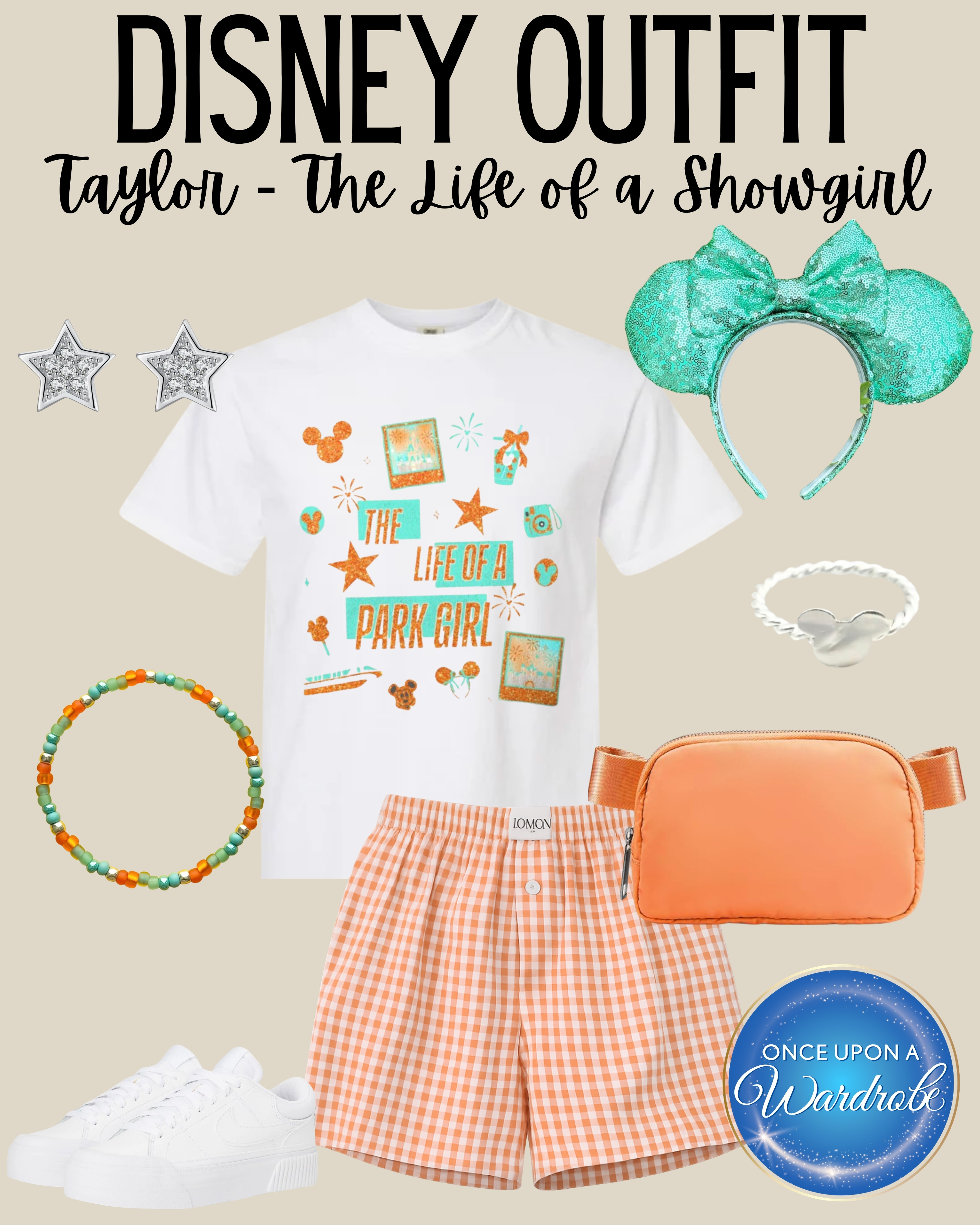 A Disney outfit for the Taylor girlies 🧡✨ This Life of a Showgirl inspired park look is cute, comfy, and easy to wear for a full Disney day with a graphic tee, gingham shorts, belt bag, sneakers, and sparkly ears. 

 #LTKootd #LTKmomlife #LTKTravel