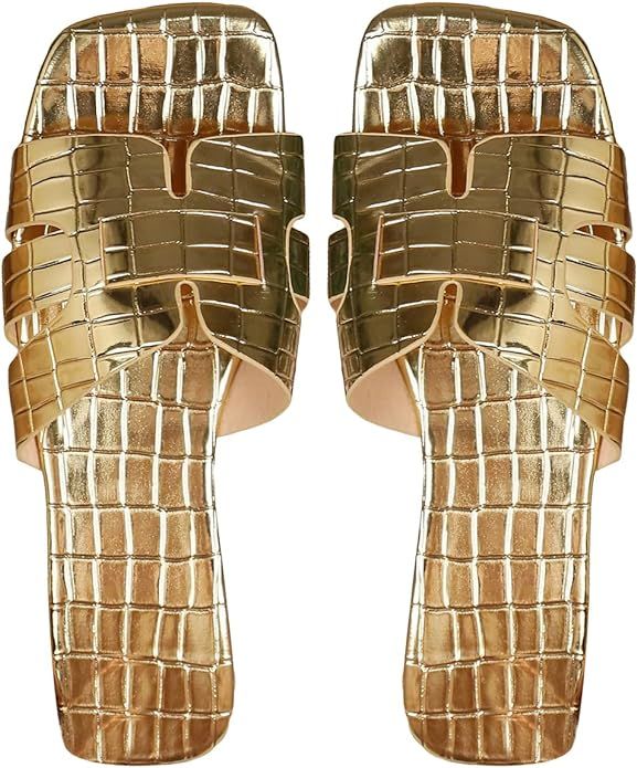 GORGLITTER Women's Metallic H Band Flat Sandals Slip on Sandals Open Toe Sparkle Slides Sandals | Amazon (US)