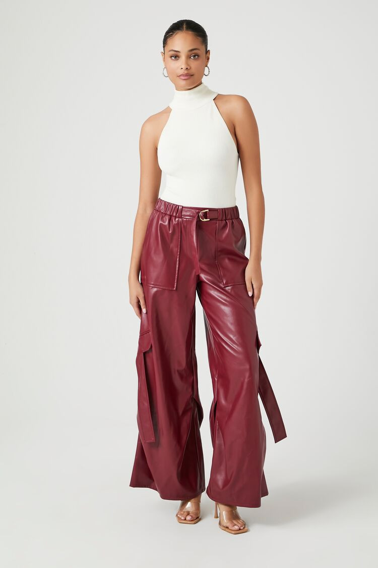 Women's Faux Leather Wide-Leg Cargo Pants in Wine Small | Forever 21
