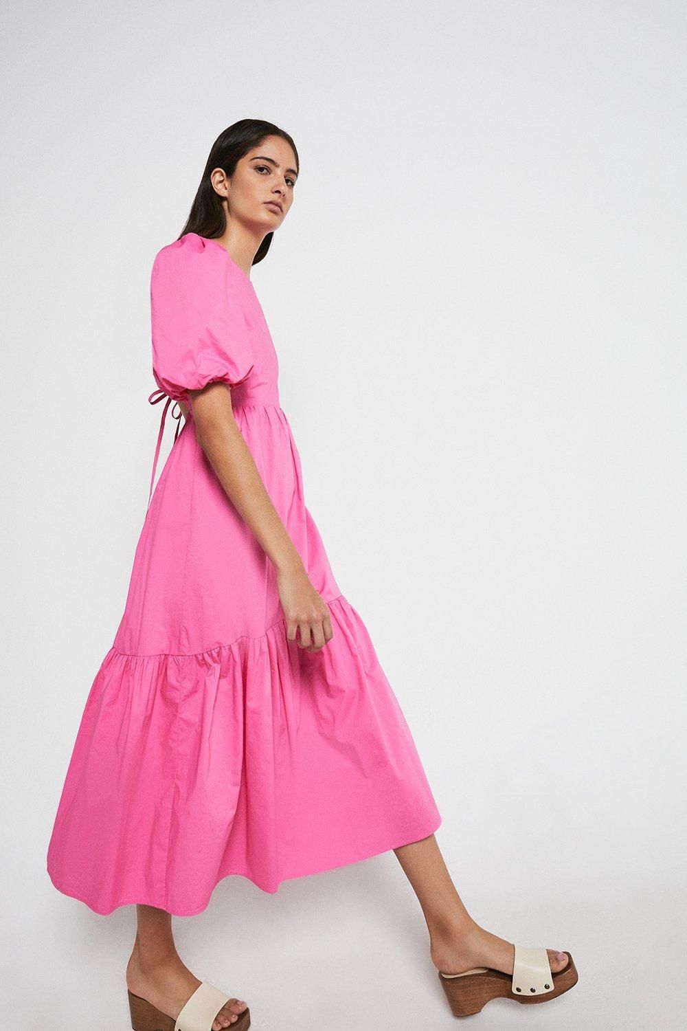 Puff Sleeve Cotton Midi Dress | Warehouse UK & IE