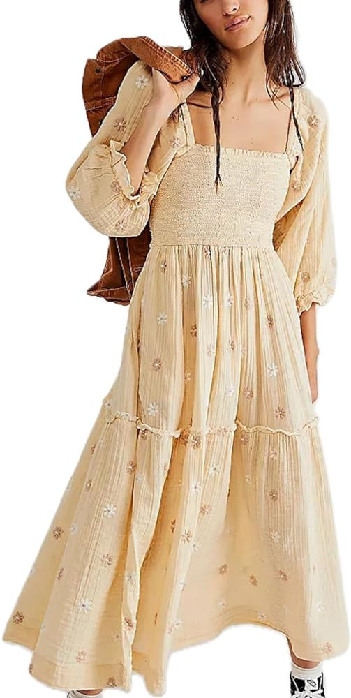 Argeousgor Women 2023 Bohemian Floral Dress Square Neck Ruffle Swing A Line Maxi Dress Long Sleev... | Amazon (US)