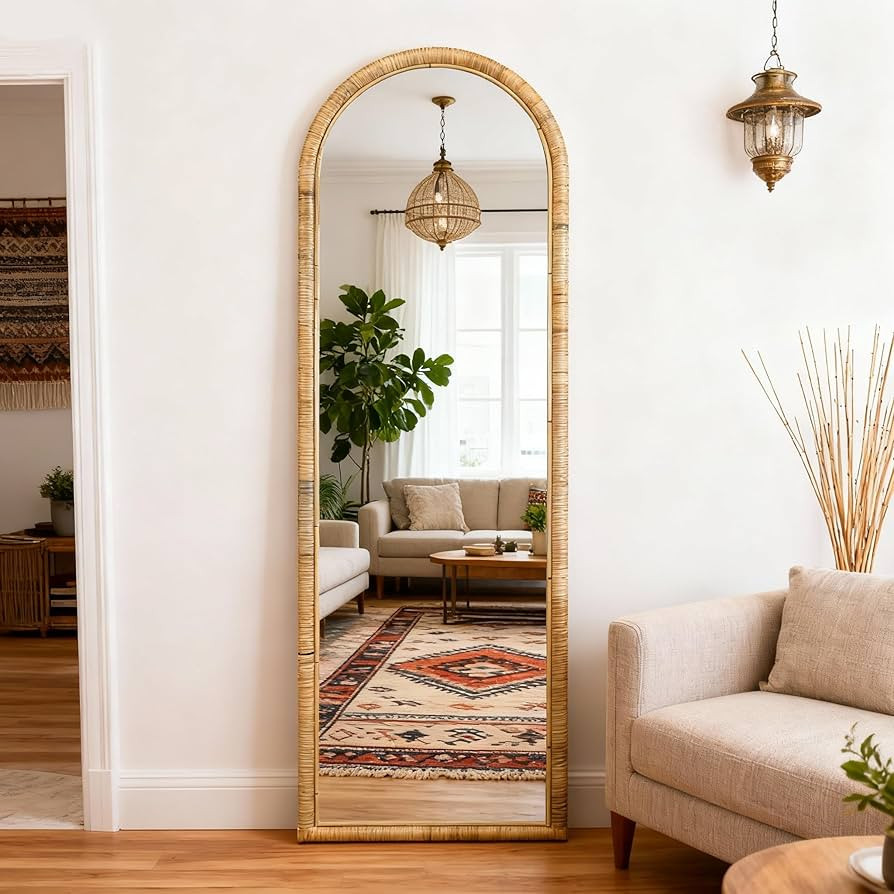 Arched Full Length Mirror, 63''x20'' Floor Mirror, Rattan Frame Full Body Mirror for Home Bedroom... | Amazon (US)
