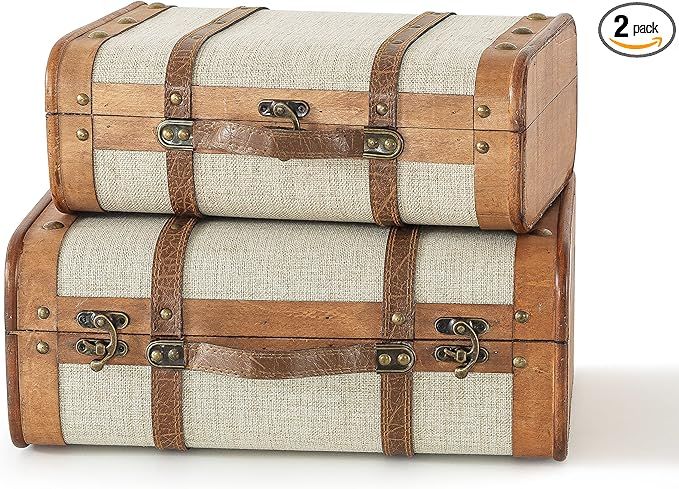 SLPR Decorative Wooden Storage Chest - Set of 2 | Wood Trunk Suitcase with Straps (Beige) | Antiq... | Amazon (US)