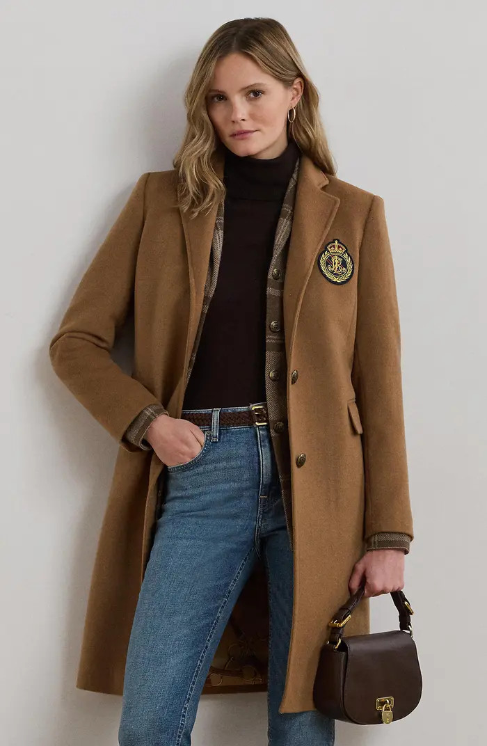 Lauren Ralph Lauren Crest Patch Wool Blend Reefer Coat | Nordstrom | Nordstrom