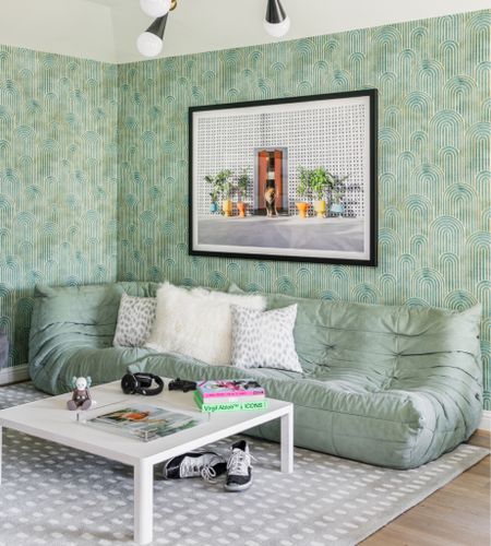 Having a major monochromatic moment with this green space. 💚🌿🧩

Make your space beautiful but functional with pieces that are made for kids to be kids! 

- Art Deco Wallpaper 
- Bean Bag Loveseat Lounger
- Mongolian Sheepskin Decorative Throw Pillow
- Trendy Coffee Table Books
- Modern White Coffee Table 

#LTKstyletip #LTKhome