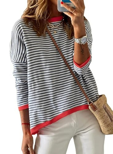 Dokotoo Womens Round Neck Sweaters Early Spring Fashion Striped Color Block Sweaters for Women Casual Black Pullover Jumper Tops Long Sleeve Shirts Outfits 2026 Dark Blue Small | Amazon (US)