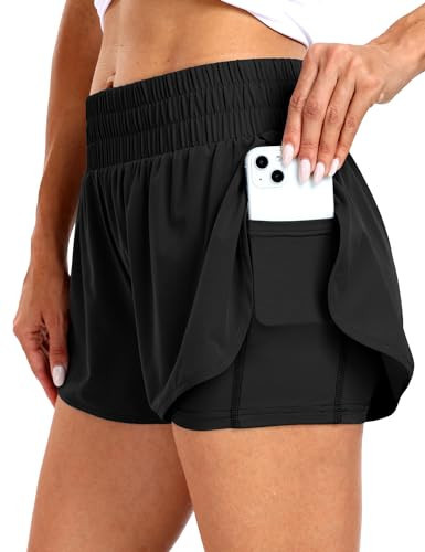Haimont Womens 2 in 1 Black Running Shorts Quick Dry High Waisted Athletic Short with Pockets Sport Active Shorts M | Amazon (US)