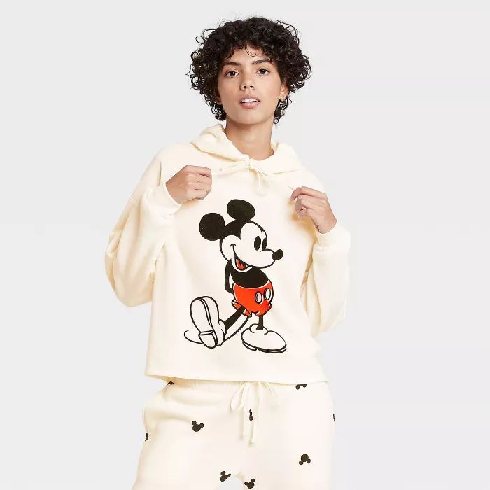 Women's Disney Mickey Mouse Flocked Hooded Graphic Sweatshirt - Off-White | Target