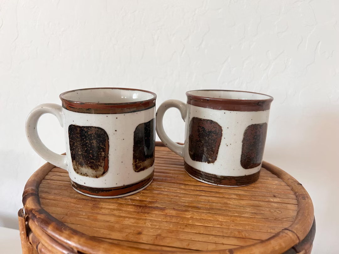 Vintage Mid Century Stoneware Mugs Ceramic Speckled Brown Abstract Mug, Glazed Organic Brown Eart... | Etsy (US)
