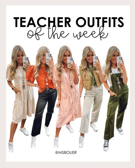 Teacher outfits of the week!
Cream dress: wearing M
Lace top came in my teacher style box but found the original and linked
Leather pants: true to size
Pink denim dress: wearing M
Cream pants: true to size 
Puffer vest: true to size 
Green top: true to size 
Bodysuit: true to size 
Overalls: wearing M 
All sneakers true to size 
White boots: size up half 

| spring outfit | work outfit | teacher outfit | amazon fashion 

#LTKfindsunder100 #LTKworkwear #LTKSeasonal