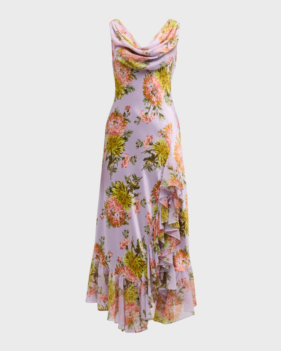 Raya Faded Chrysanthemum Sleeveless Cowl Midi Dress | Neiman Marcus