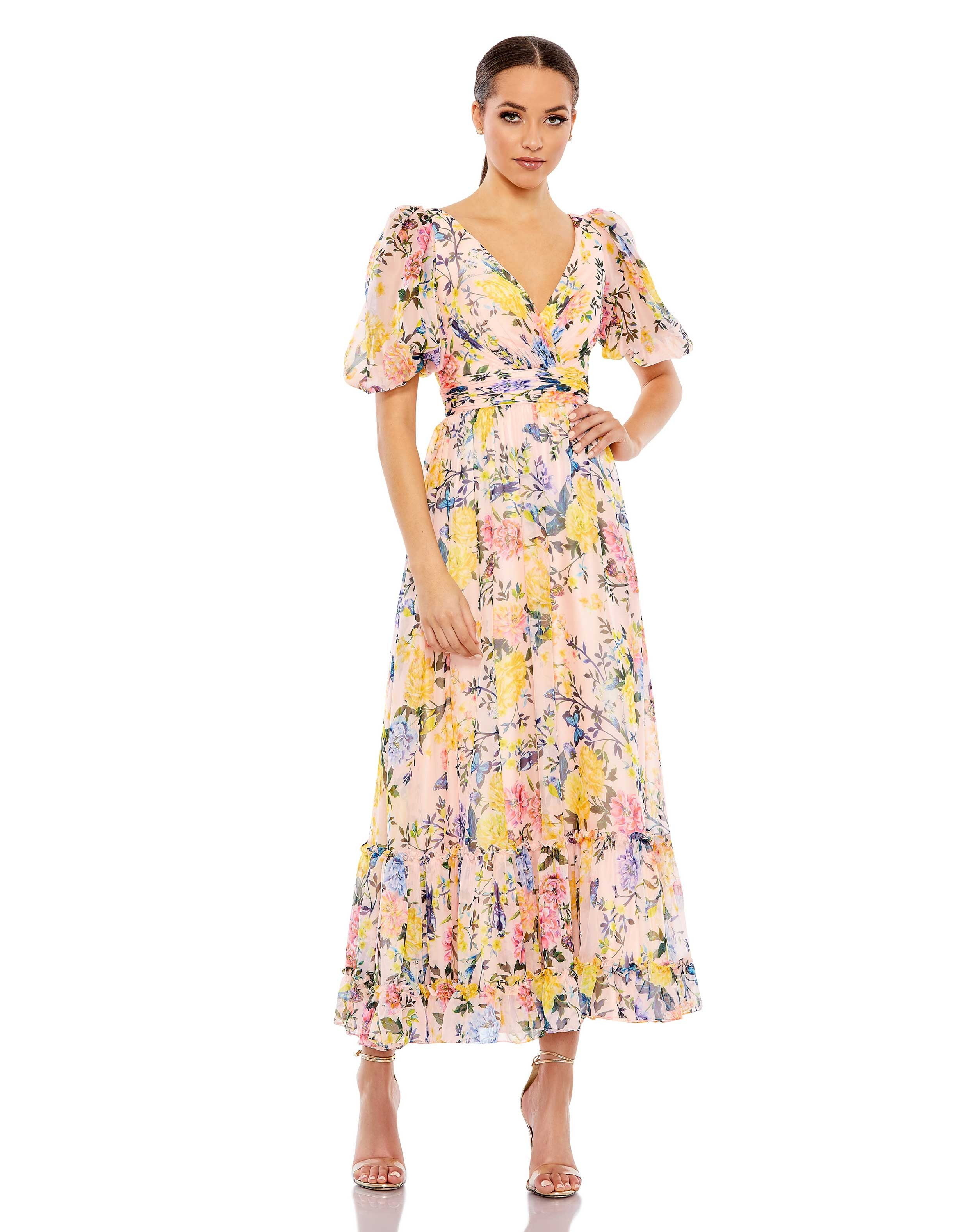 Floral Print Chiffon Puff Sleeve Tiered Hem Dress | Mac Duggal