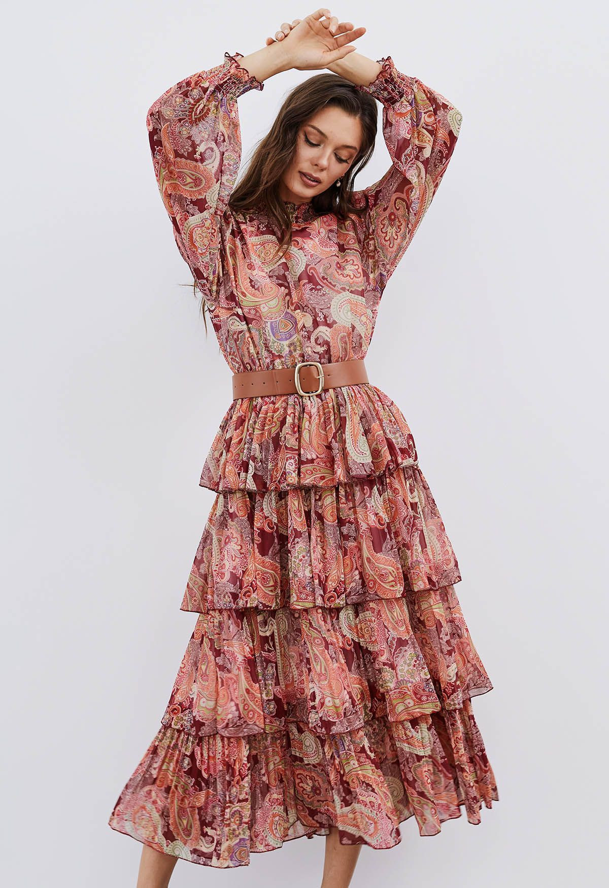 Paisley Printed Belted Tiered Chiffon Dress in Red | Chicwish
