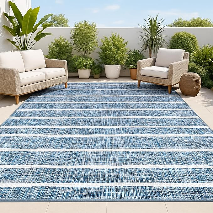 JONATHAN Y Berber Stripe Indoor Outdoor Area Rug 8X10 Blue/Ivory, Colonia for Backyard, Patio, Po... | Amazon (US)