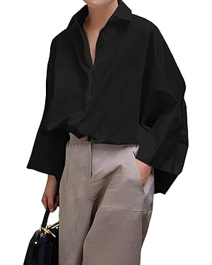 UOOZEE Womens Cotton Button Down Shirt Casual 3/4 Sleeve Loose Fit Collared Work Blouse Tops | Amazon (US)