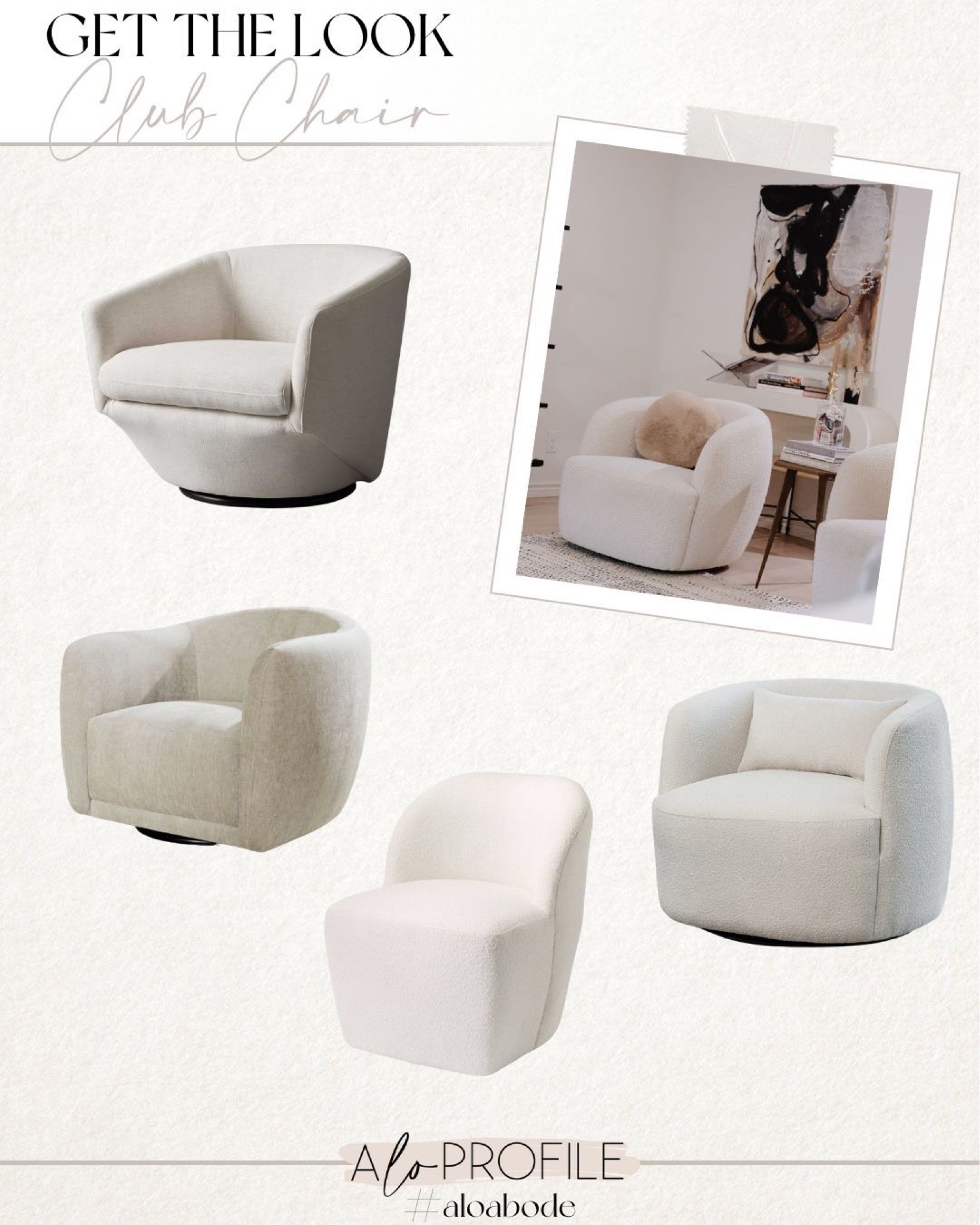 Get The Look // white chair, accent chair, swivel chair, club chair, boucle furniture, rounded accent chair, minimalist furniture, arhaus furniture, wayfair furniture, family room furniture, living room furniture, white furniture, neutral furniture, neutral living room, textured furniture

#LTKhome