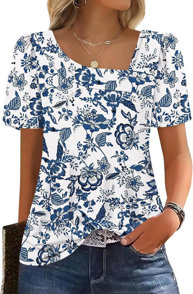 WIHOLL Womens Summer Tops Short Sleeve Shirts Square Neck Spring Outfits 2026 Fashion Clothing Bl... | Amazon (US)