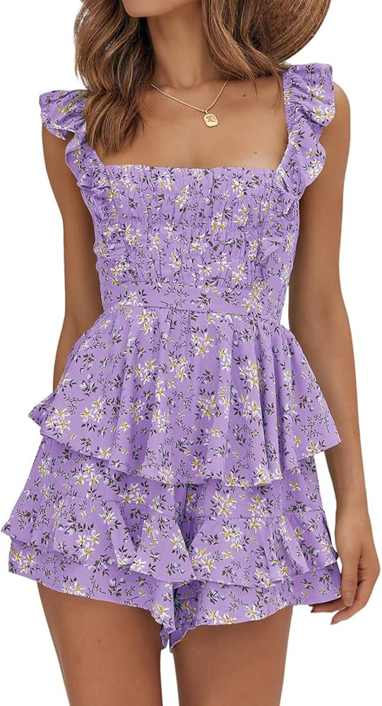 Womens Sexy Summer Romper Floral Square Neck Ruffle Strap Layer Hem Shorts Jumpsuits | Amazon (US)