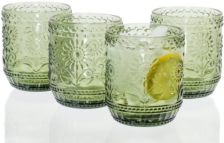 Red Co. Vintage Botanist Drinking Glass Set, Luxurious Floral Embossed Decorative Green Glassware... | Amazon (US)