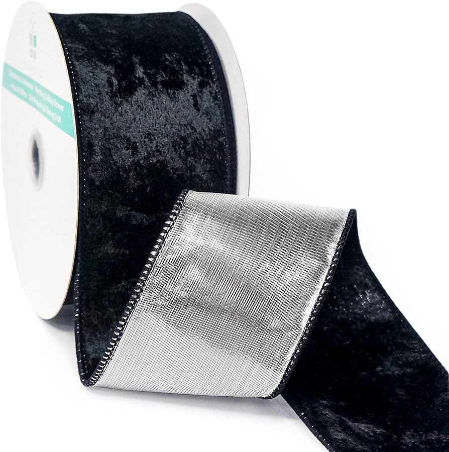 Black Velvet with Silver Metallic Backing Wired Ribbon 2.5 Inch x 10 Yards for Christmas Tree Top... | Amazon (US)