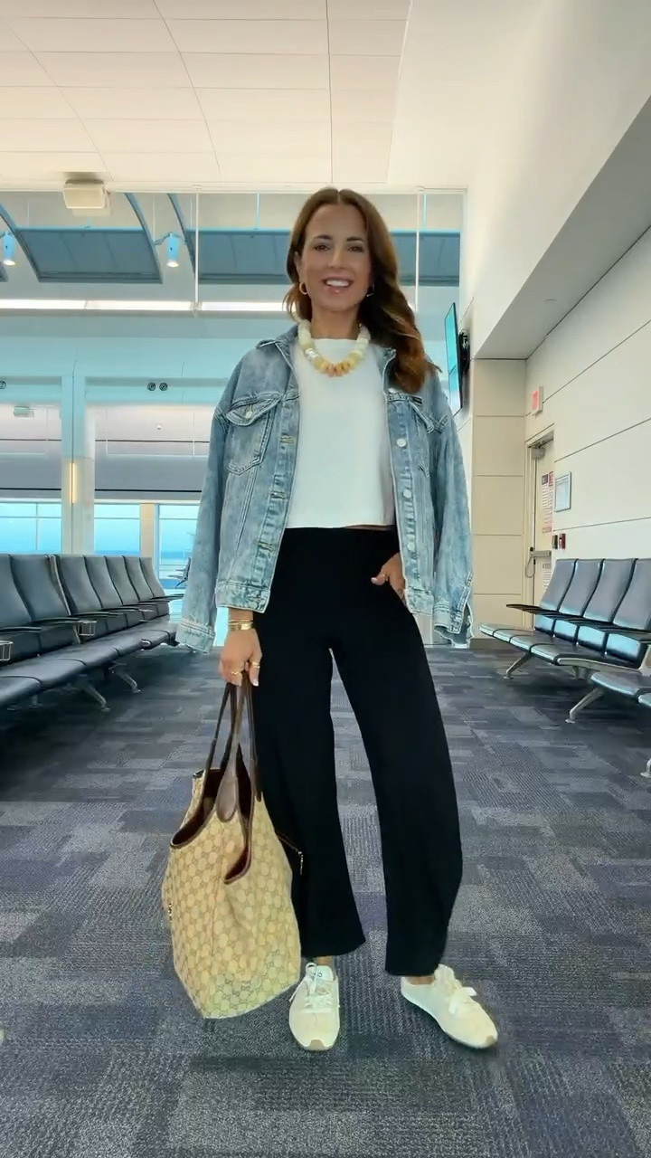 My travel outfit of the day! Airport outfit. Everyday outfit. Casual outfit. Ruti on the loose pants in size 0 standard (comes in petite and long, too). Code WELCOME45 on first time purchases. Wrinkle-free fabric! Will link Amazon alternative, too. Lululemon crop tee in XXS (doesn’t show any skin on me). Wrangler girlfriend denim jacket in XS. Alo mule sneakers are TTS and so comfy! Gucci mercato tote in size large.

#LTKootd #LTKTravel #LTKPetite