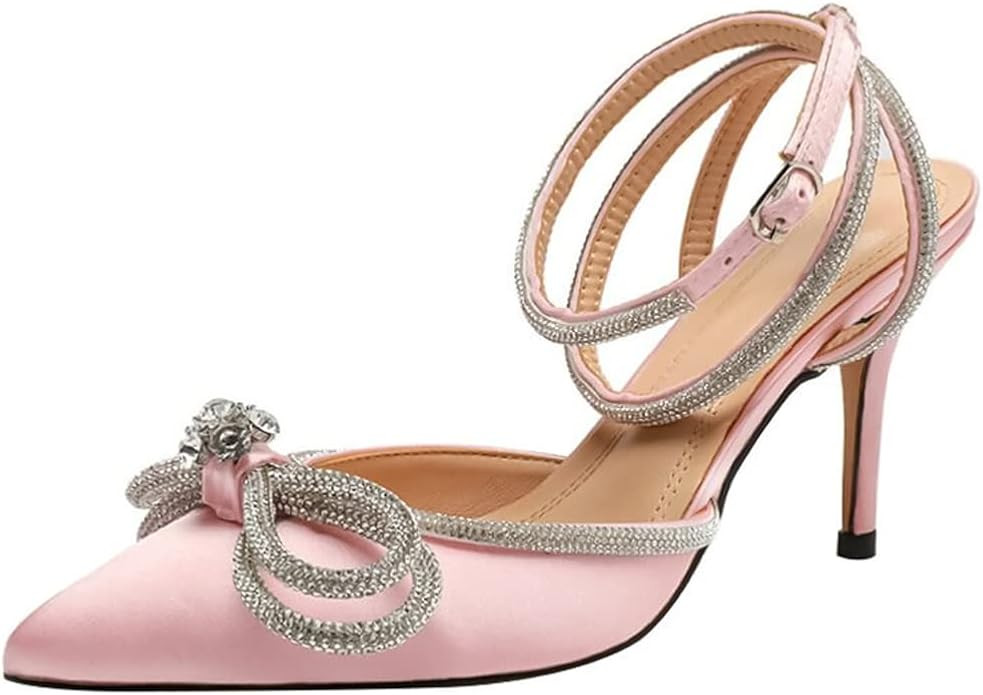 Women's Pointy Toe Satin High Heels Ankle Strap Rhinestone Stilettos Bowknots Wedding Sandals | Amazon (US)