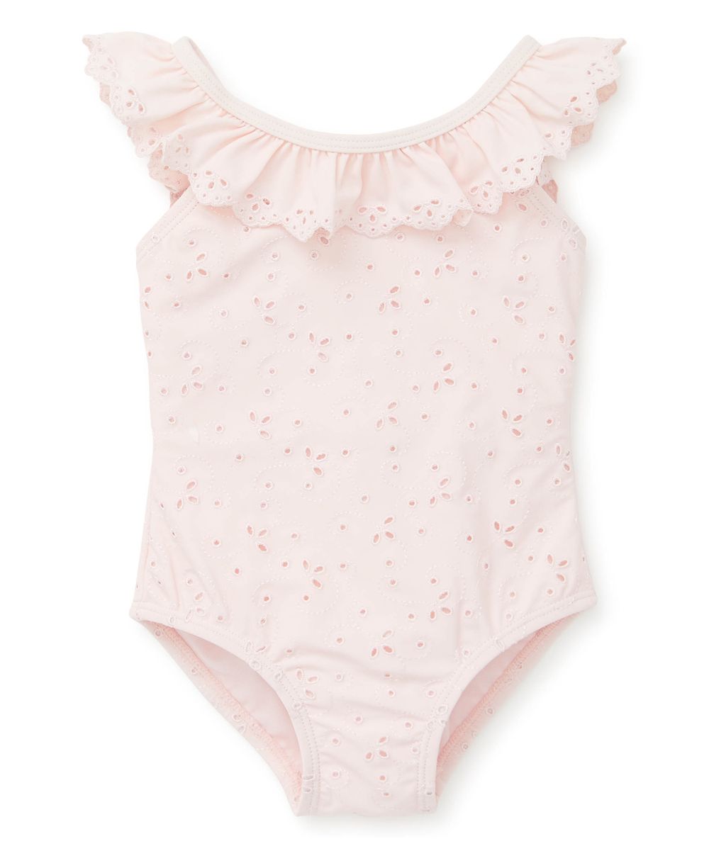 Little Me Girls' One Piece Swimsuits Pink - Pink Eyelet Ruffle One-Piece - Toddler | Zulily