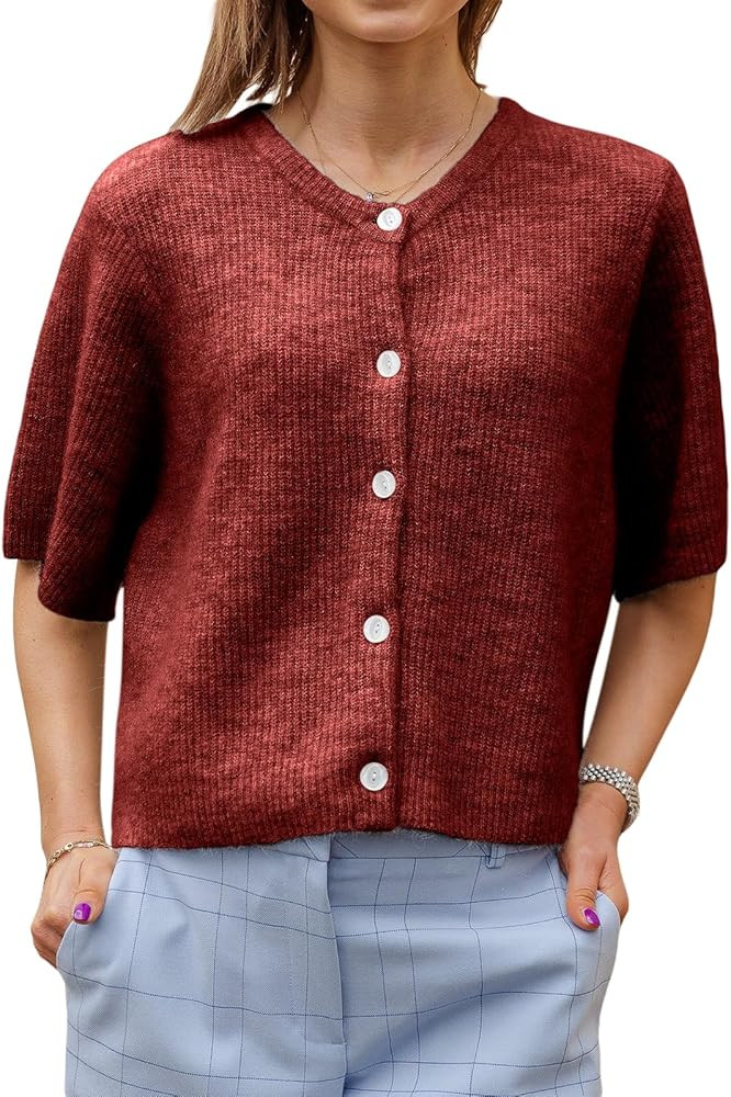 Knitted Crop Cardigan Short Sleeve Rib Knit Sweater | Amazon (US)