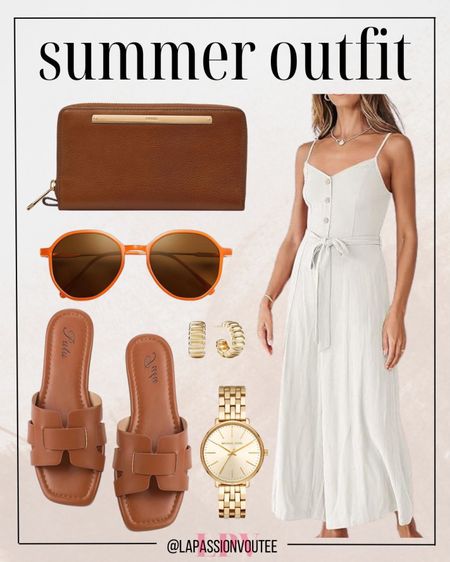 Embrace summer sophistication in a smocked wide-leg jumpsuit, perfect for both style and comfort. Elevate your look with timeless hoop earrings and sleek sunglasses. Add a touch of elegance with a classic watch and a chic clutch wallet. Complete the ensemble with comfy slide sandals for effortless summer glam.

#LTKSeasonal #LTKstyletip #LTKfindsunder100