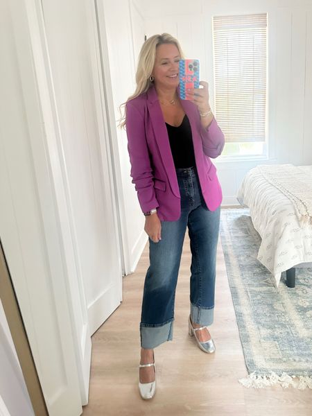 The perfect blazer for fall from @walmartfashion. Comes in black, too. Wearing small. Great black bodysuit under. Wearing a small. Jeans are a size 6. #walmartfashion #walmartpartner

#LTKover40 #LTKFind #LTKunder50