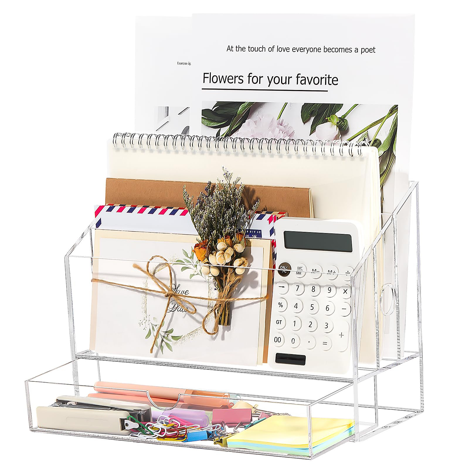 Acrylic Desk Organizer, Clear Countertop File Organizer with Drawer, Office Mail Document Paper S... | Amazon (US)