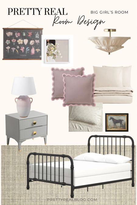 Girls room design, big girls room, kids room, lilac, lavender, black bed, Jenny Lind bed, scallop trim pillows, linen light fixture 

#LTKkids #LTKhome #LTKfamily