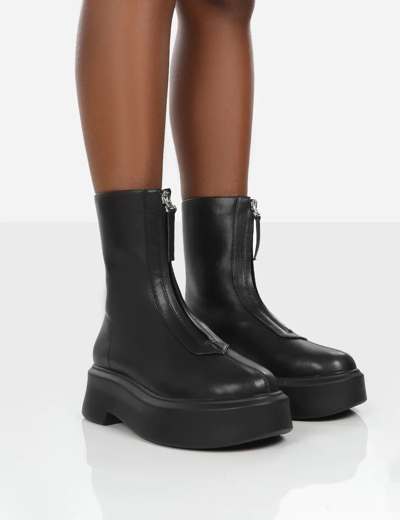 Indigo Black PU Platform Chunky Sole Zip Through Ankle Boot | Public Desire