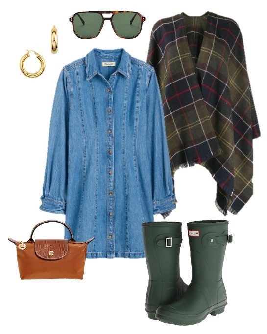 Fall outfit 
Pumpkin patch outfit 
Apple picking outfit 
Apple orchard outfit 
Denim dress outfit 
Plaid cape outfit 
Amazon sunglasses 
Hunter boots outfit 
Mini longchamp outfit 
Aviator sunglasses 
Gold hoop earrings 

#LTKFindsUnder100 #LTKStyleTip #LTKSeasonal