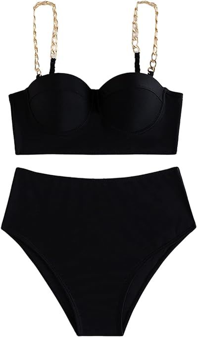 SheIn Women's 2 Piece Swimsuit Solid Chain Linked Push Up Bikini Bathing Suits | Amazon (US)